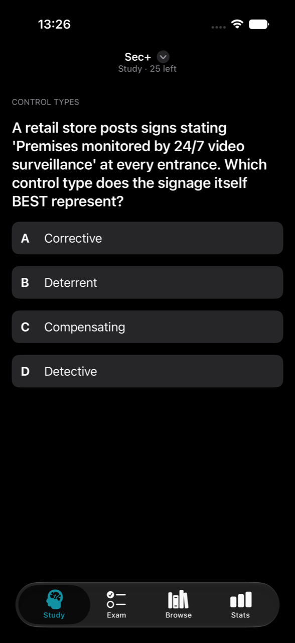 Ascert study session showing a Security+ practice question